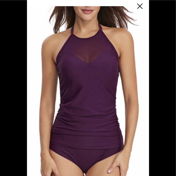 Tankini Swimsuit sz XL purple mesh tie halter - Picture 2 of 10
